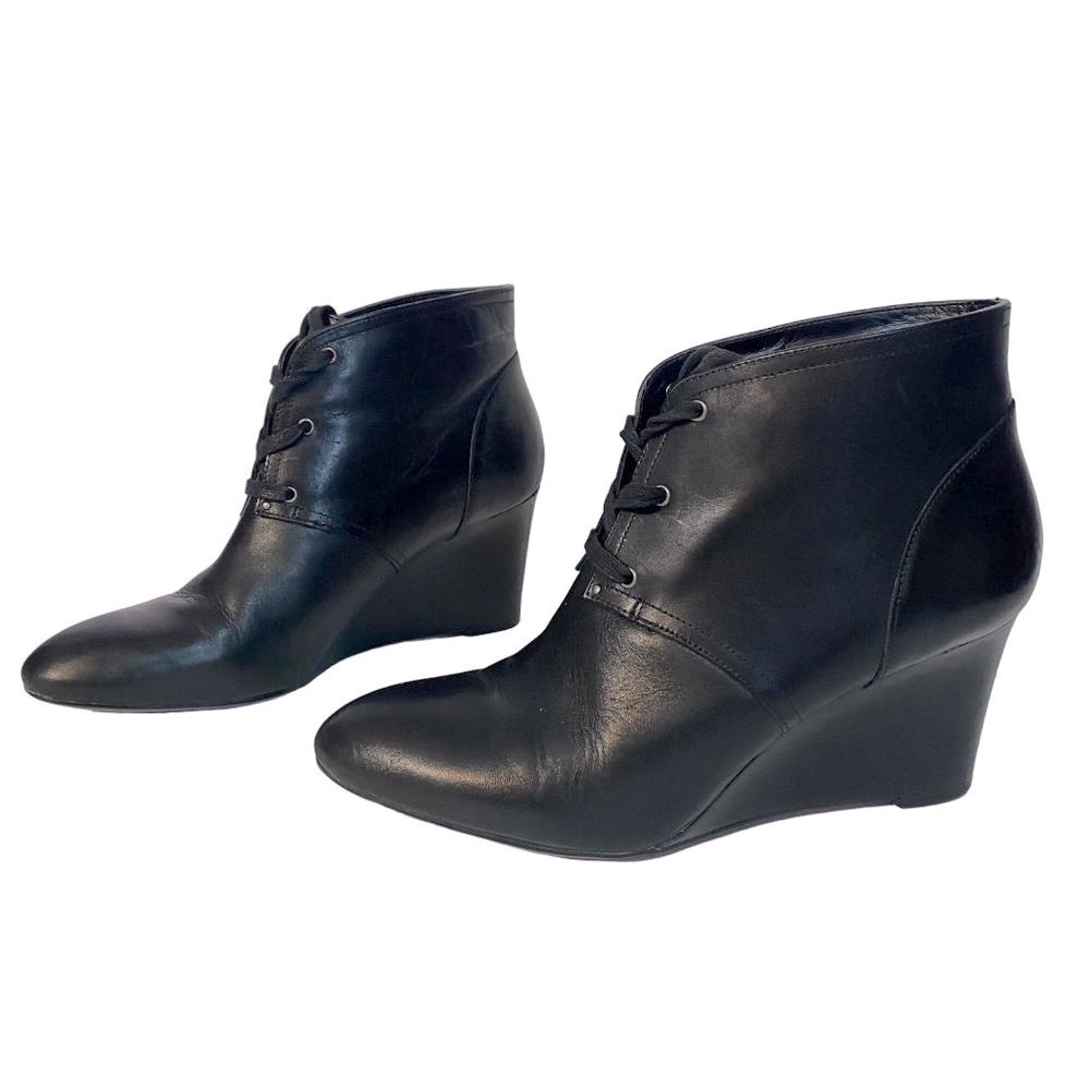 Lauren by Ralph Lauren Tamia Black Leather Lace Up Ankle Boots‎ Wedge Heel 8B
